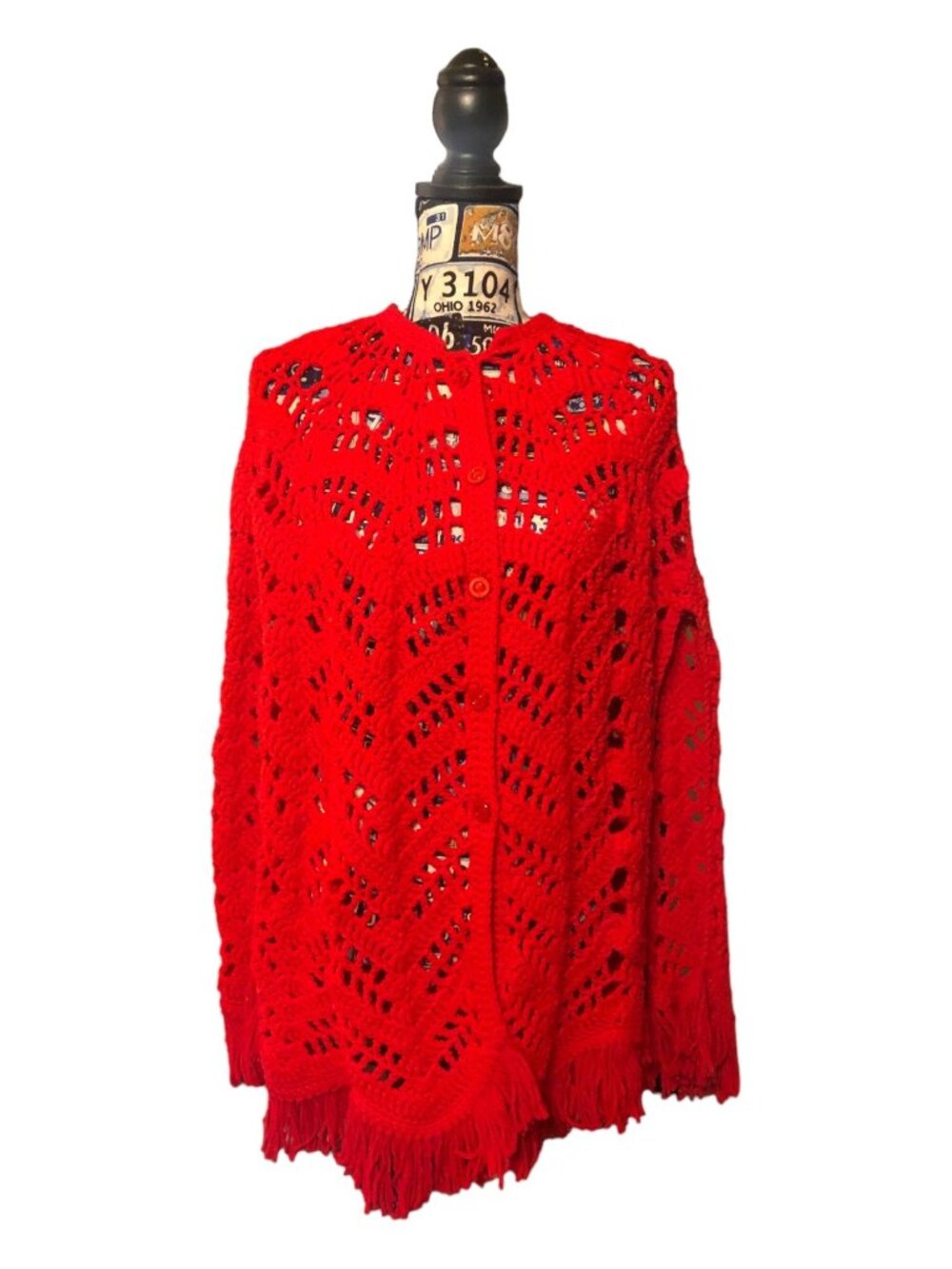 Homemade Timeless Red Yarn Arm Openings Accent Button Front Fringed Shawl Sz L